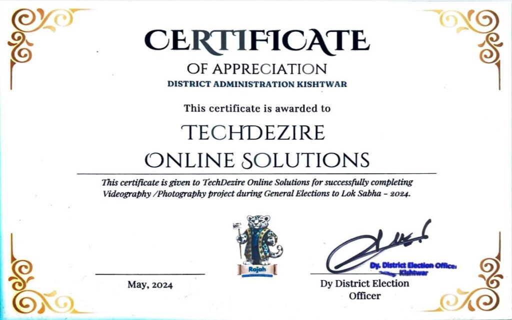 Appreciation Certificate from District Administration Kishtwar