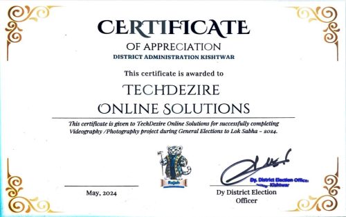 Appreciation Certificate from District Administration Kishtwar